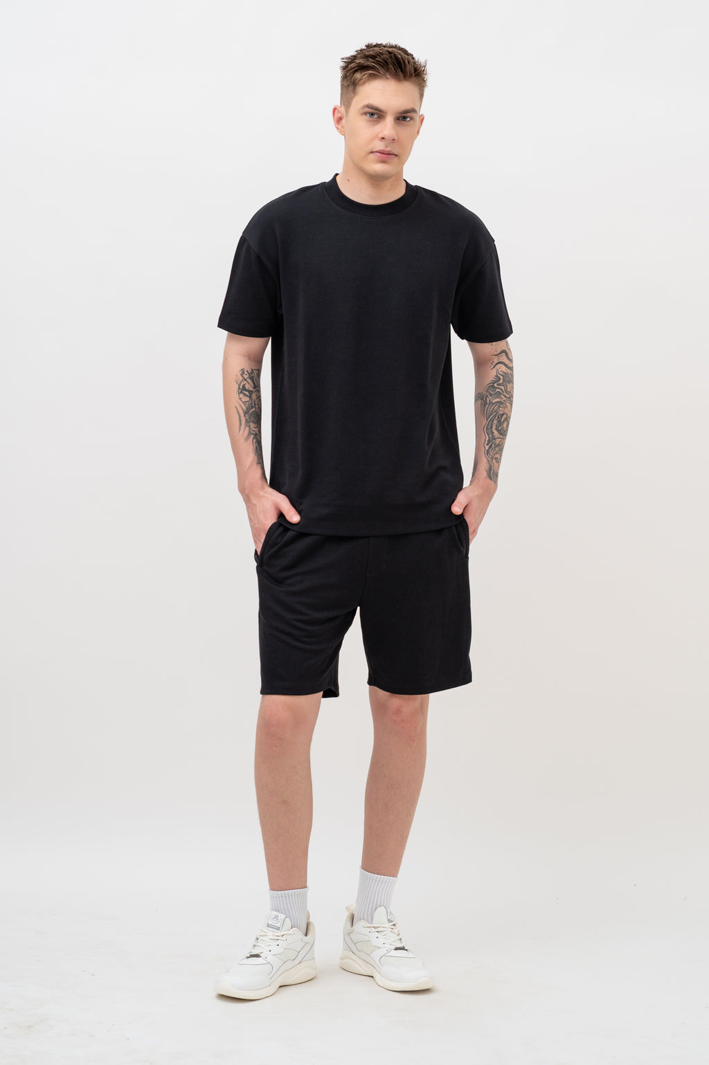 Mens Co-Ords Set with  Chest Print & Contrast Sleeve Black