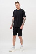 Mens Co-Ords Set with  Chest Print & Contrast Sleeve Black