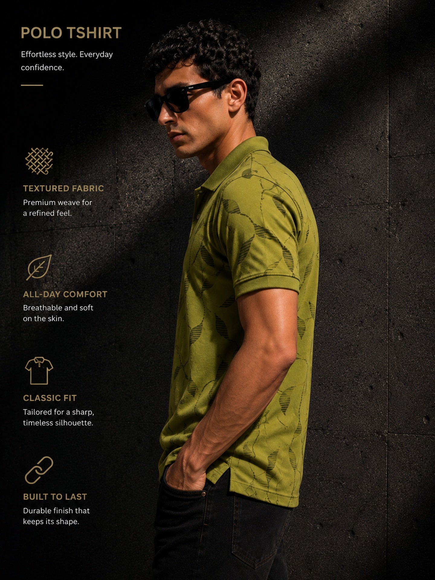 Mens Polo Neck Half Sleeve Printed T-Shirt with All Over Print Olive