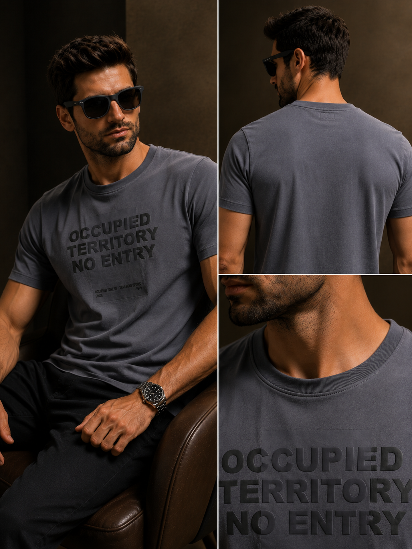 Mens Crew Neck Half Sleeve T-Shirt with Chest Print & Puff Effect Stone Blue