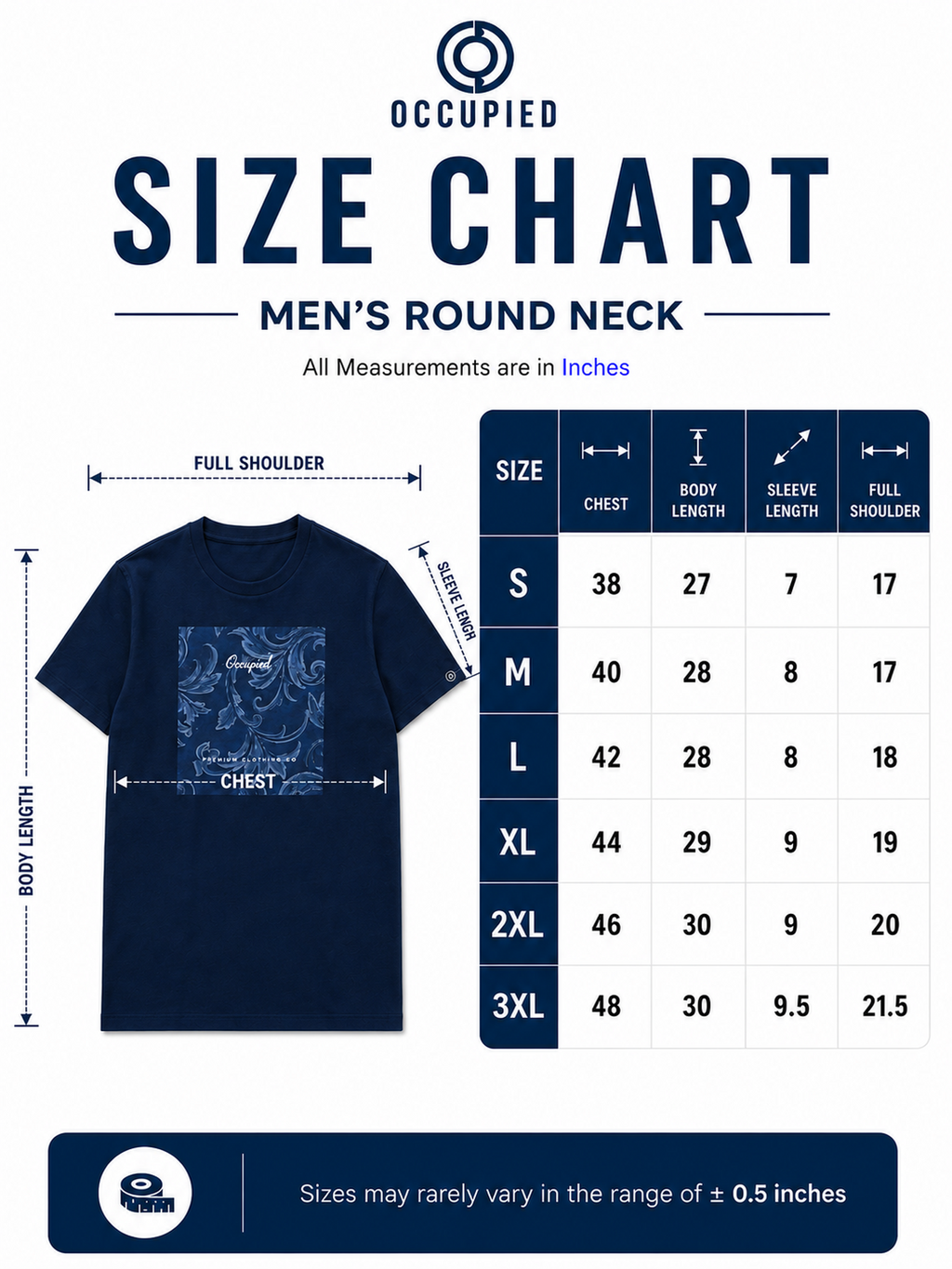 Mens Crew Neck Half Sleeve T-Shirt with  Chest Print Navy Blue