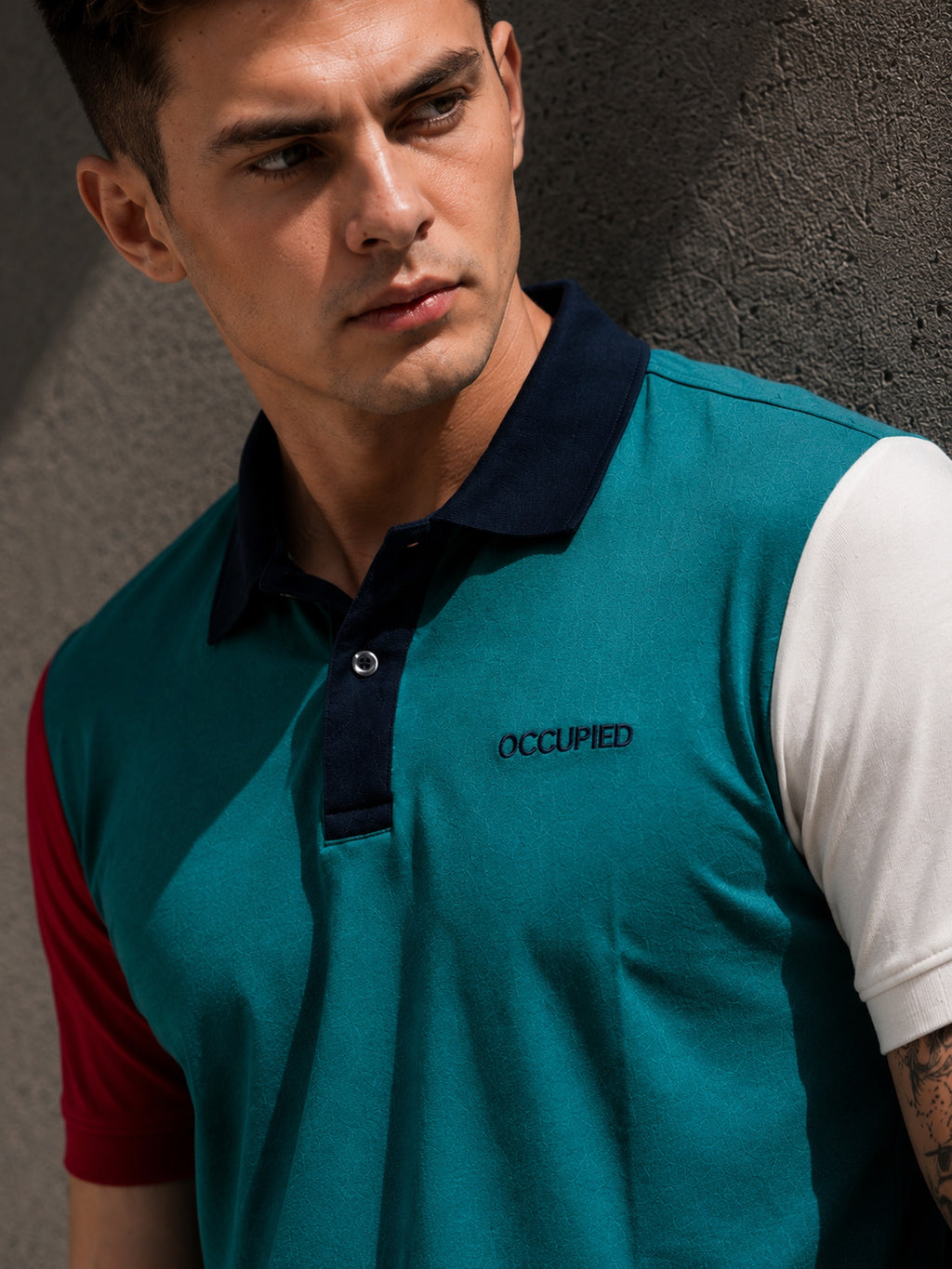 Mens Polo Neck Half Sleeve T-Shirt with Cut and Sew Contrast Sleeve Multicolor