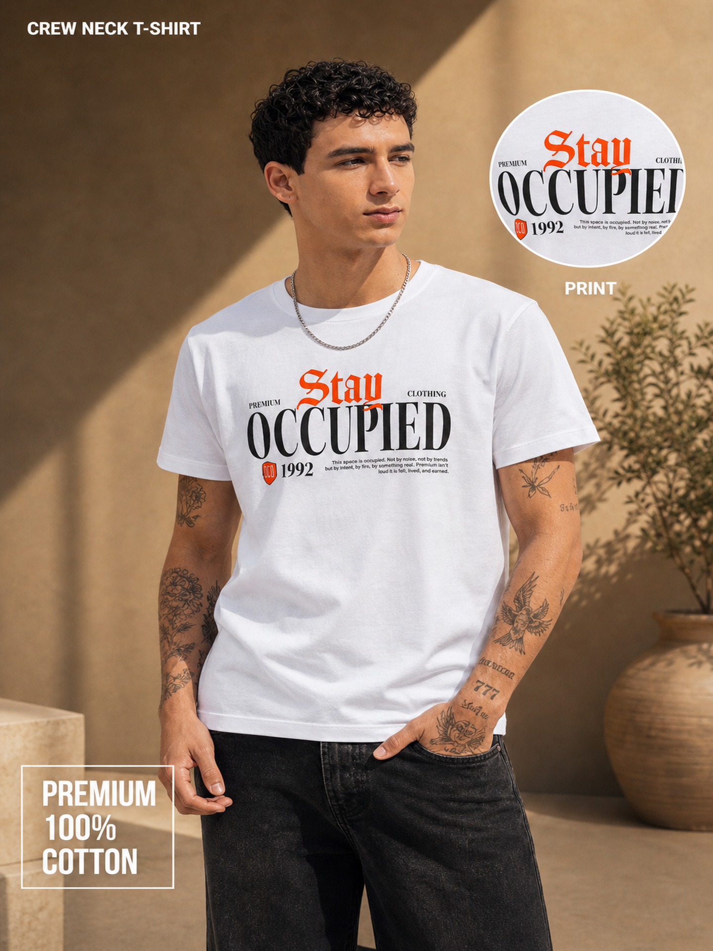 Mens Crew Neck Half Sleeve T-Shirt with Chest Print & Puff Effect White