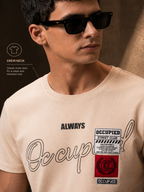 Mens Crew Neck Half Sleeve T-Shirt with Chest Print & Woven Badge Off White