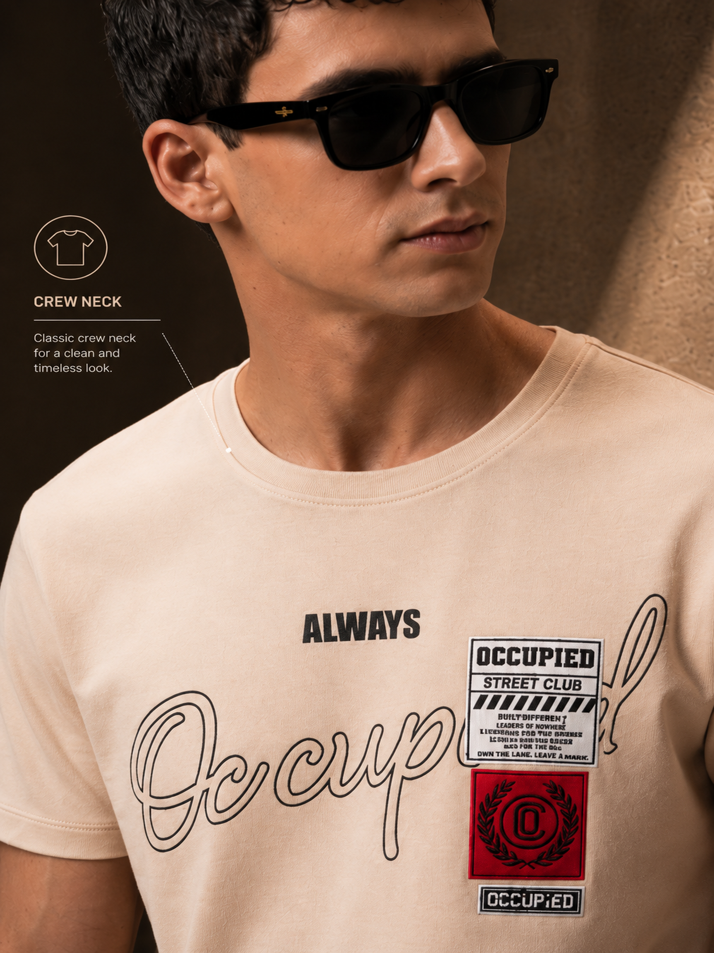 Mens Crew Neck Half Sleeve T-Shirt with Chest Print & Woven Badge Off White