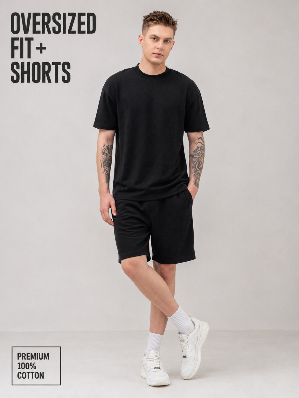 Mens Co-Ords Set with  Chest Print & Contrast Sleeve Black