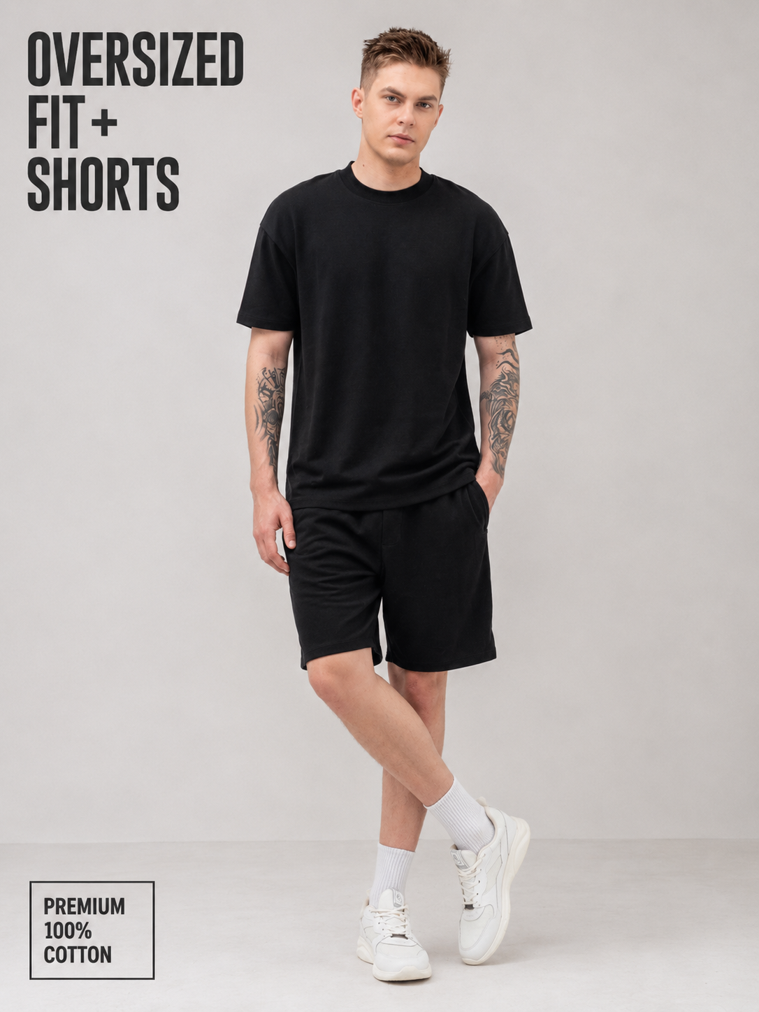 Mens Co-Ords Set with  Chest Print & Contrast Sleeve Black