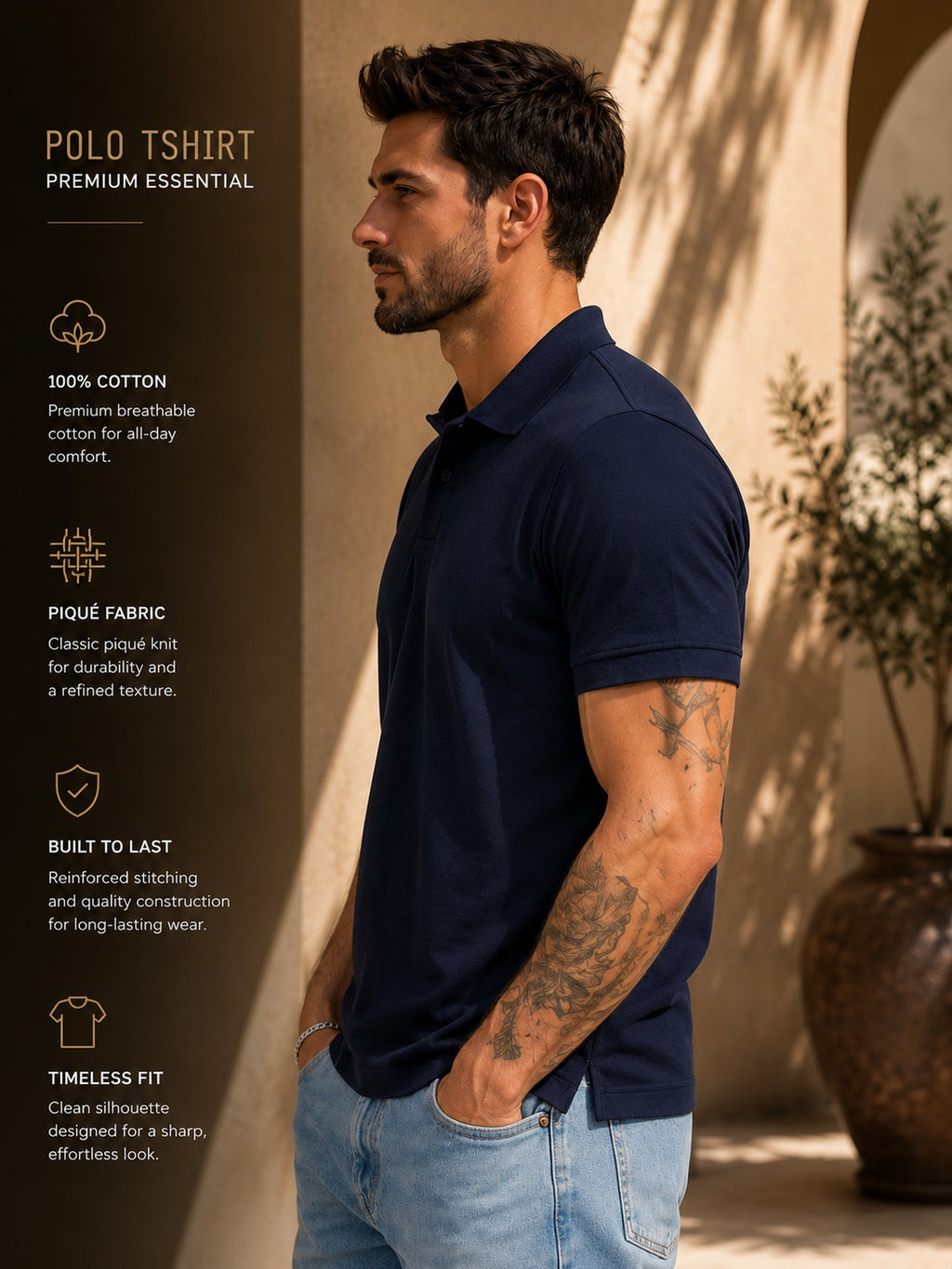 Mens Polo Neck Half Sleeve T-Shirt with Print Navy Blue