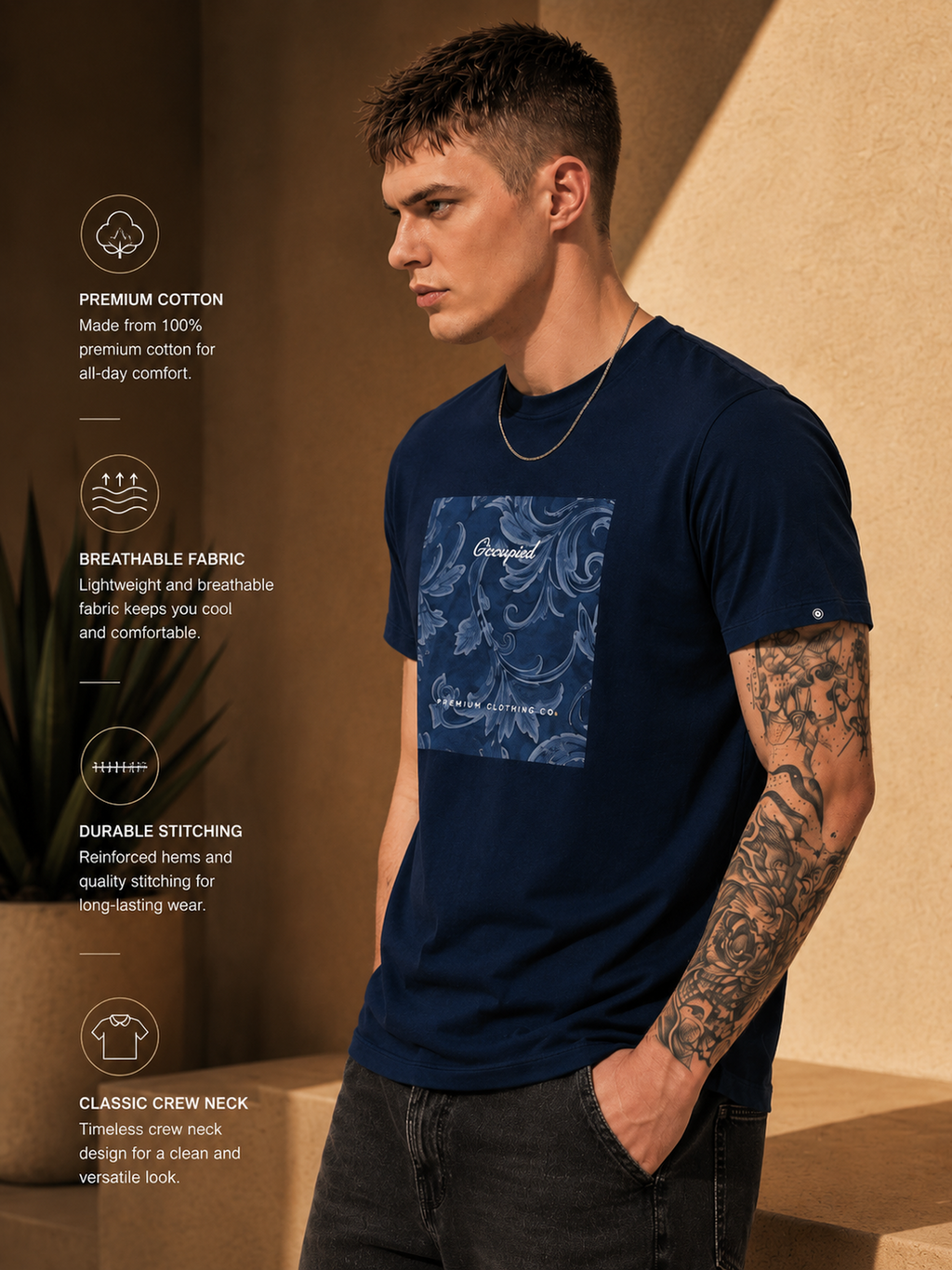 Mens Crew Neck Half Sleeve T-Shirt with  Chest Print Navy Blue