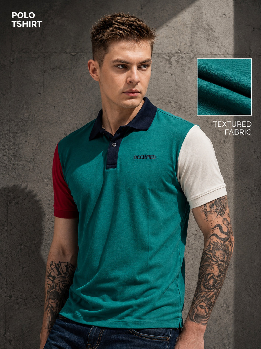Mens Polo Neck Half Sleeve T-Shirt with Cut and Sew Contrast Sleeve Multicolor