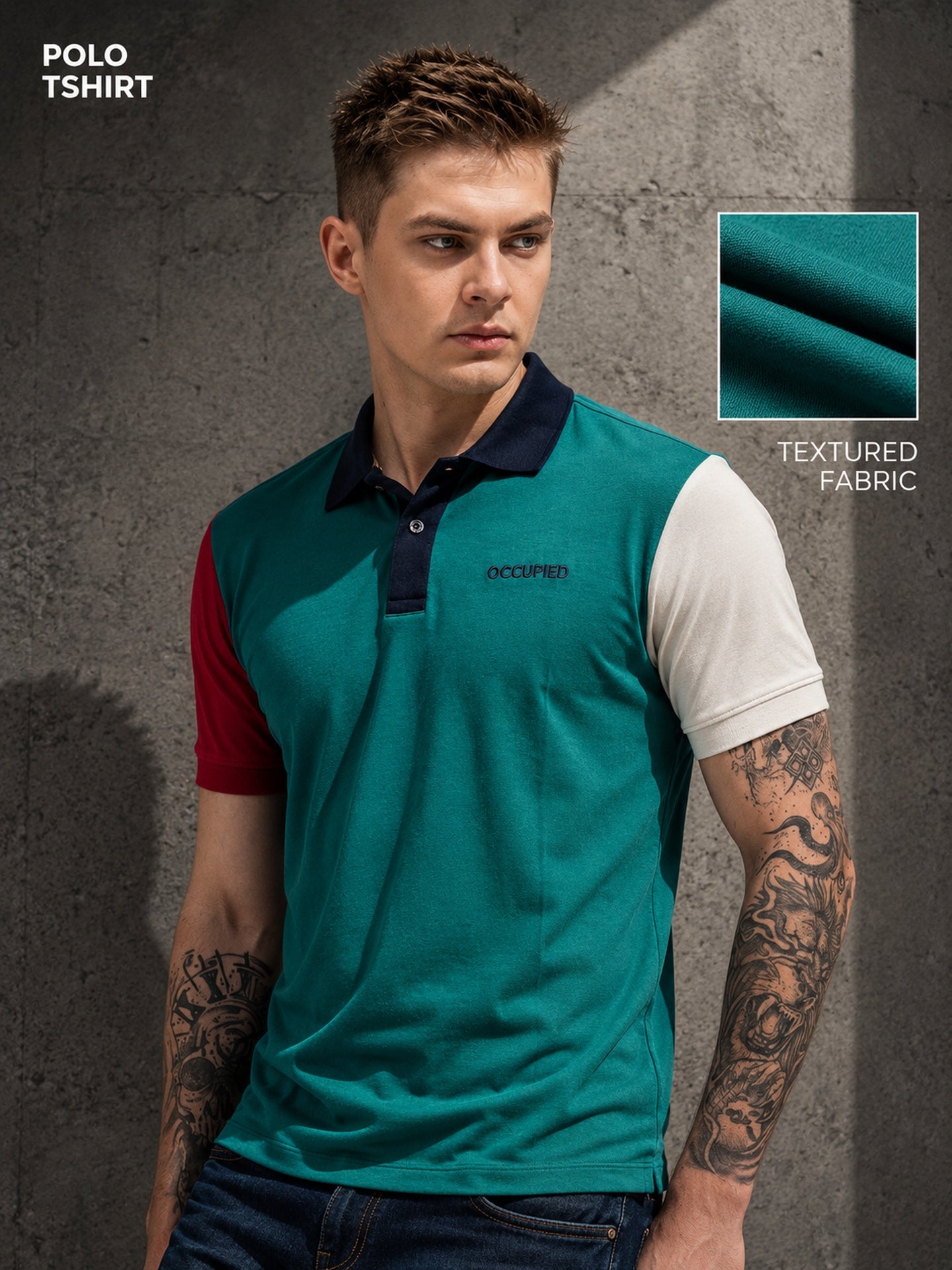 Mens Polo Neck Half Sleeve T-Shirt with Cut and Sew Contrast Sleeve Multicolor