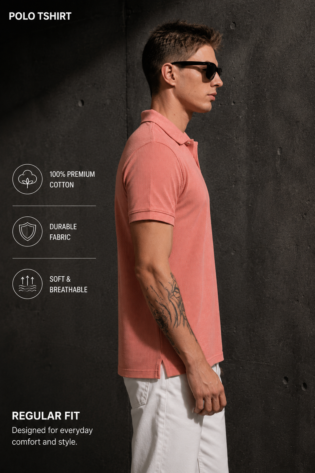 Mens Polo Neck Half Sleeve T-Shirt with Open Placket & HD Badge Pink