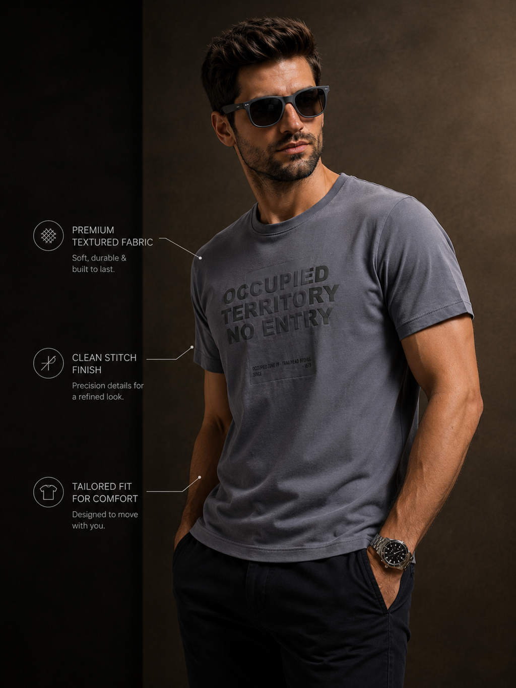 Mens Crew Neck Half Sleeve T-Shirt with Chest Print & Puff Effect Stone Blue