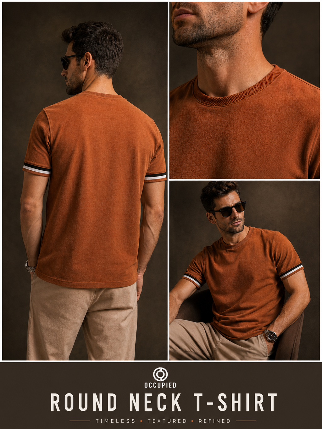 Mens Crew Neck Half Sleeve Solid T-Shirt with Contrast Cuff & Rib Brown