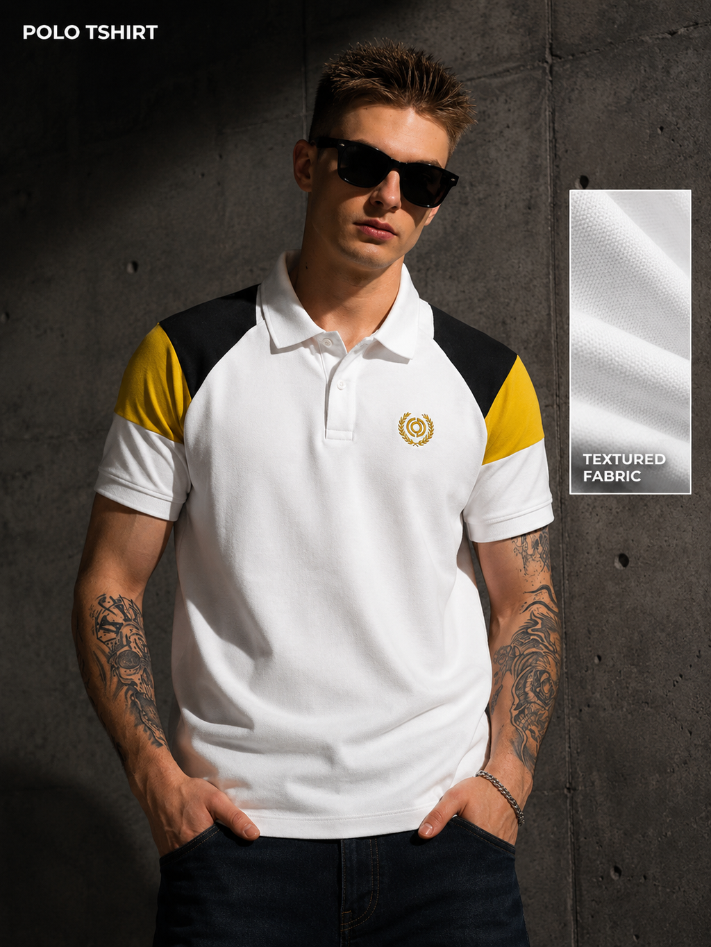 Mens Polo Neck Half Sleeve T-Shirt with  Chest Badge & Contrast Placket White