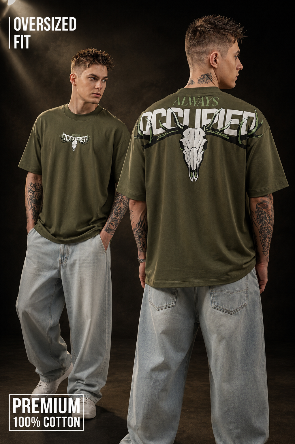Mens Crew Neck Half Sleeve T-Shirt with Puff Print Olive
