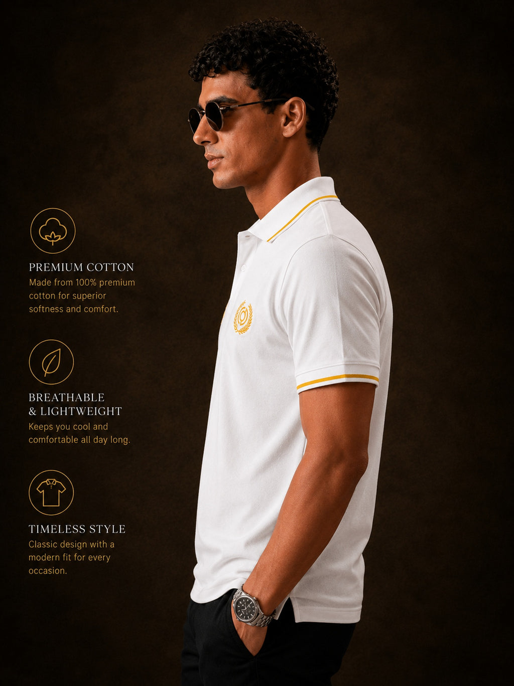 Mens Polo Neck Half Sleeve T-Shirt with Collar Tipping & Chest Embroidery White