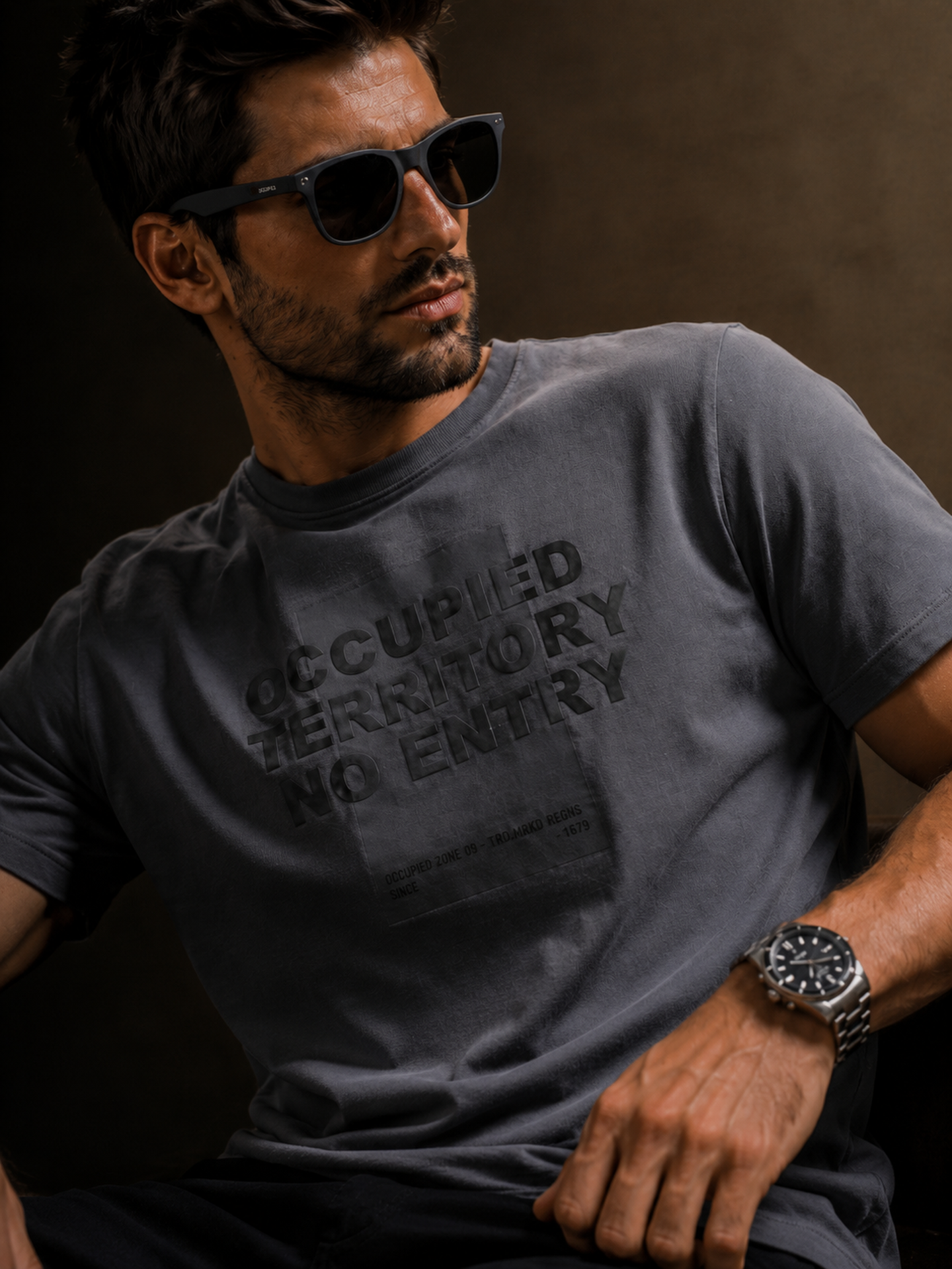 Mens Crew Neck Half Sleeve T-Shirt with Chest Print & Puff Effect Stone Blue