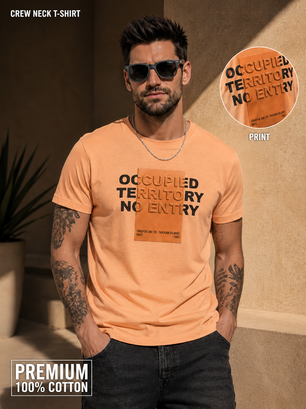Mens Crew Neck Half Sleeve T-Shirt with Chest Print & Puff Effect Orange