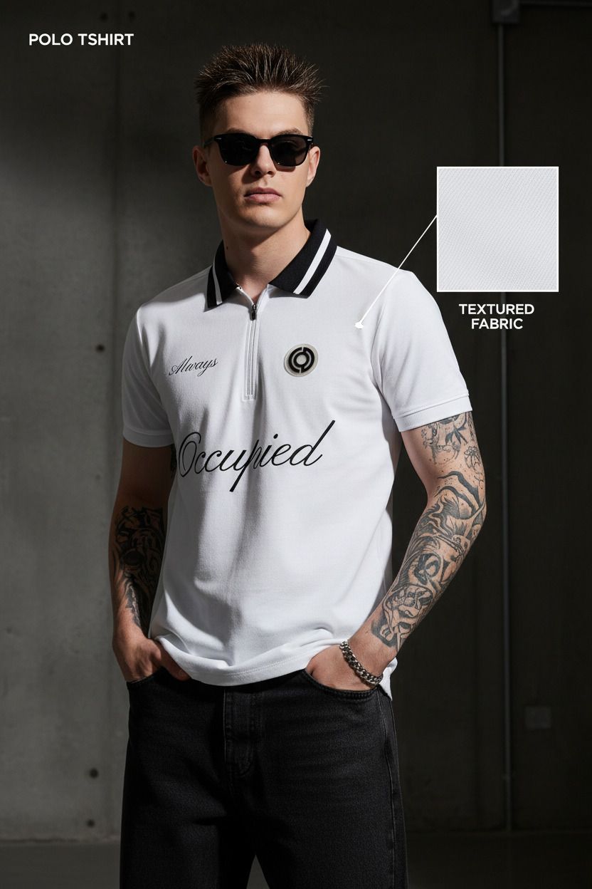 Mens Polo Neck Half Sleeve T-Shirt with Chest Embroidery & Badge White