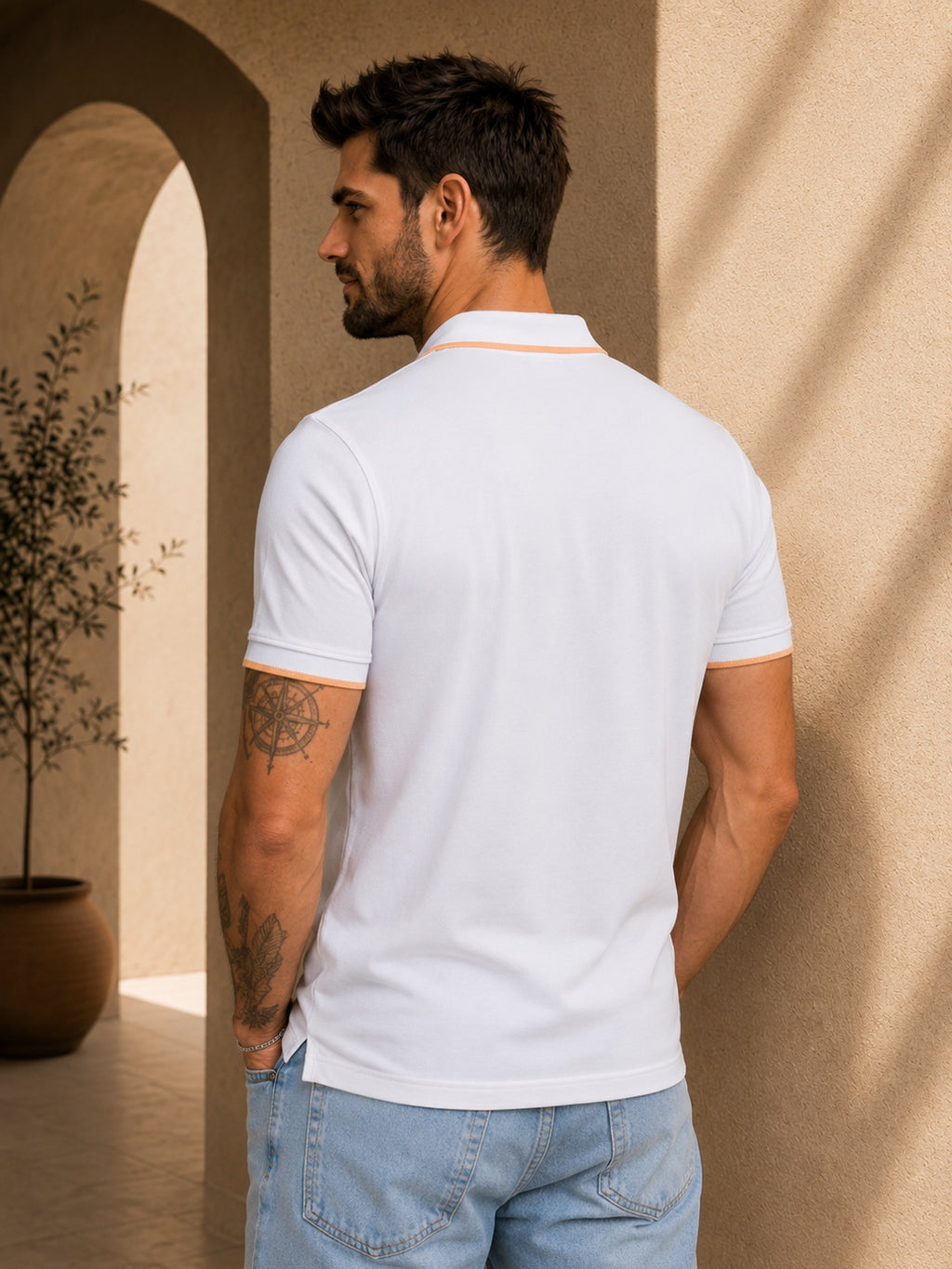 Mens Polo Neck Half Sleeve T-Shirt with Contrast Placket Print & Zipper White
