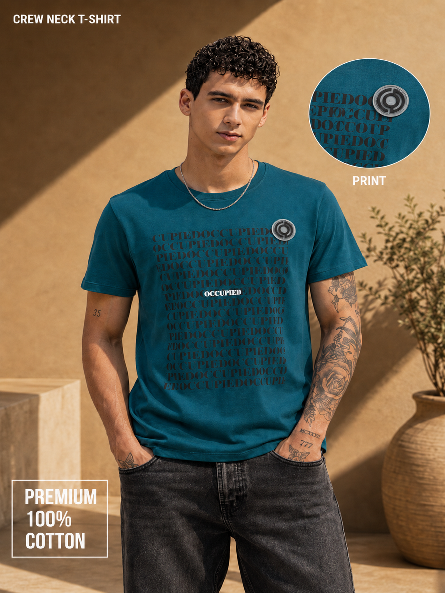 Mens Crew Neck Half Sleeve T-Shirt with and Silicon Chest Print & Badge Green