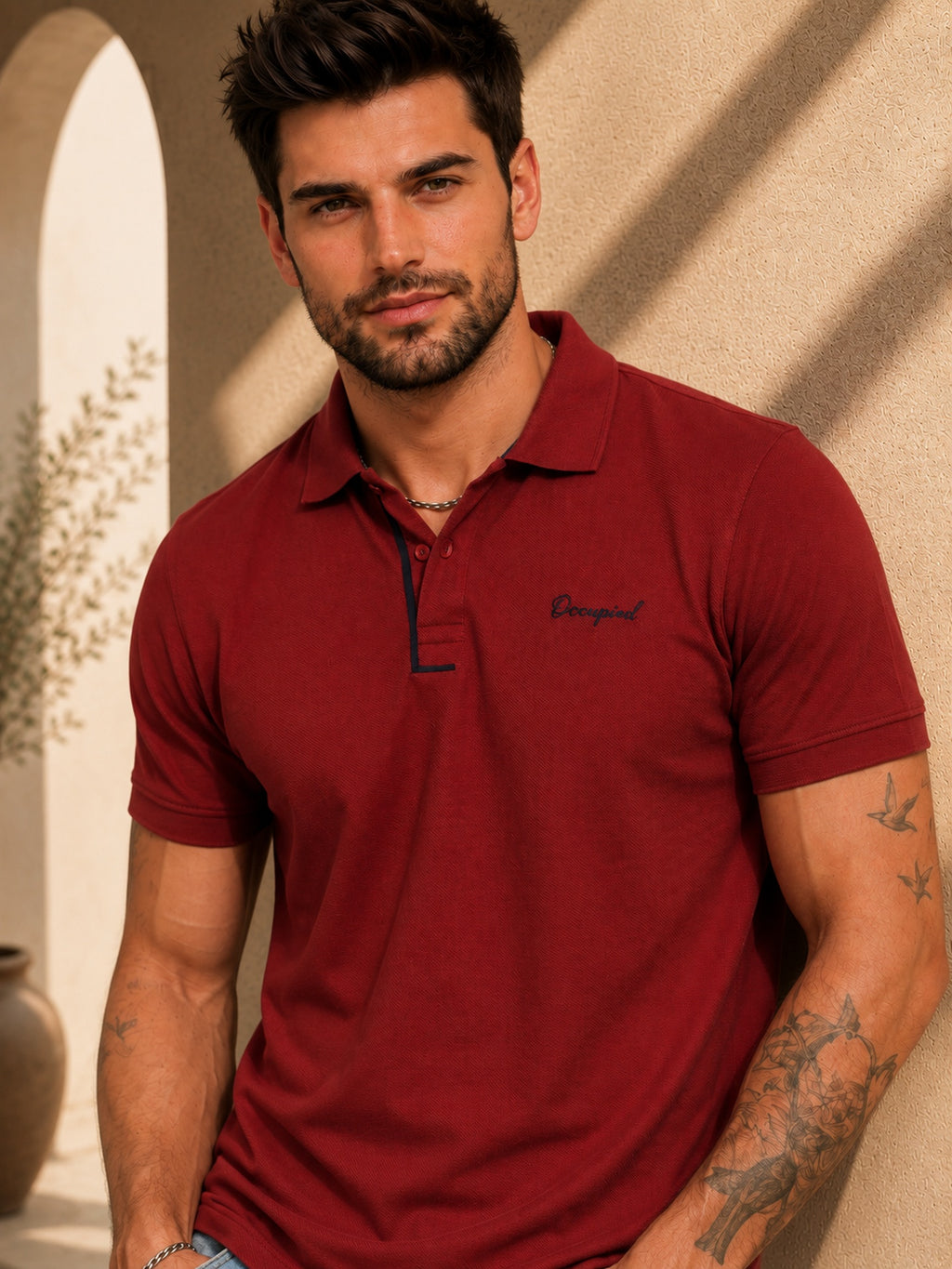 Mens Polo Neck Half Sleeve T-Shirt with Collar & Placket Fusing Maroon