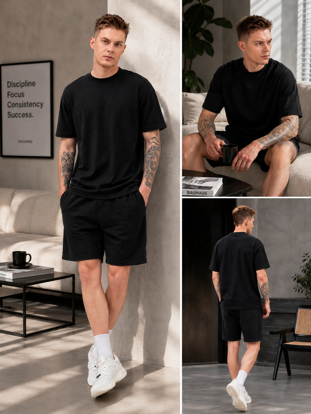 Mens Co-Ords Set with  Chest Print & Contrast Sleeve Black