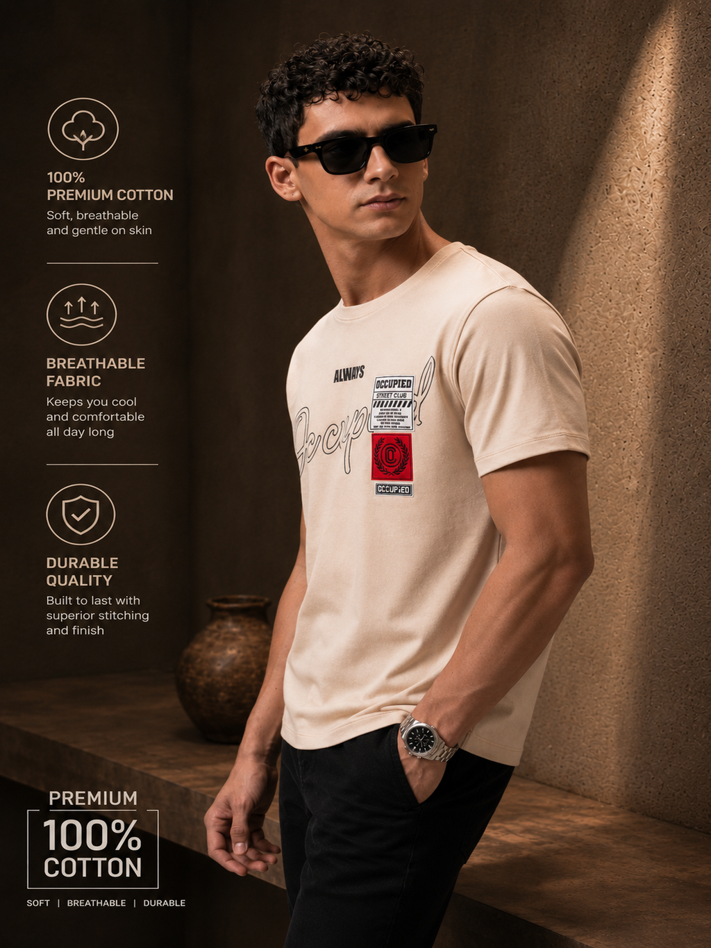 Mens Crew Neck Half Sleeve T-Shirt with Chest Print & Woven Badge Off White