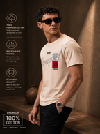Mens Crew Neck Half Sleeve T-Shirt with Chest Print & Woven Badge Off White