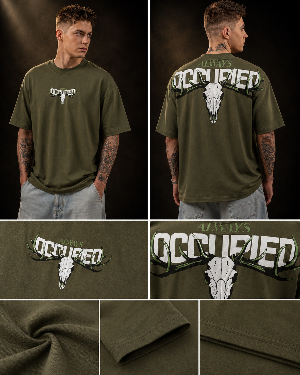 Mens Crew Neck Half Sleeve T-Shirt with Puff Print Olive