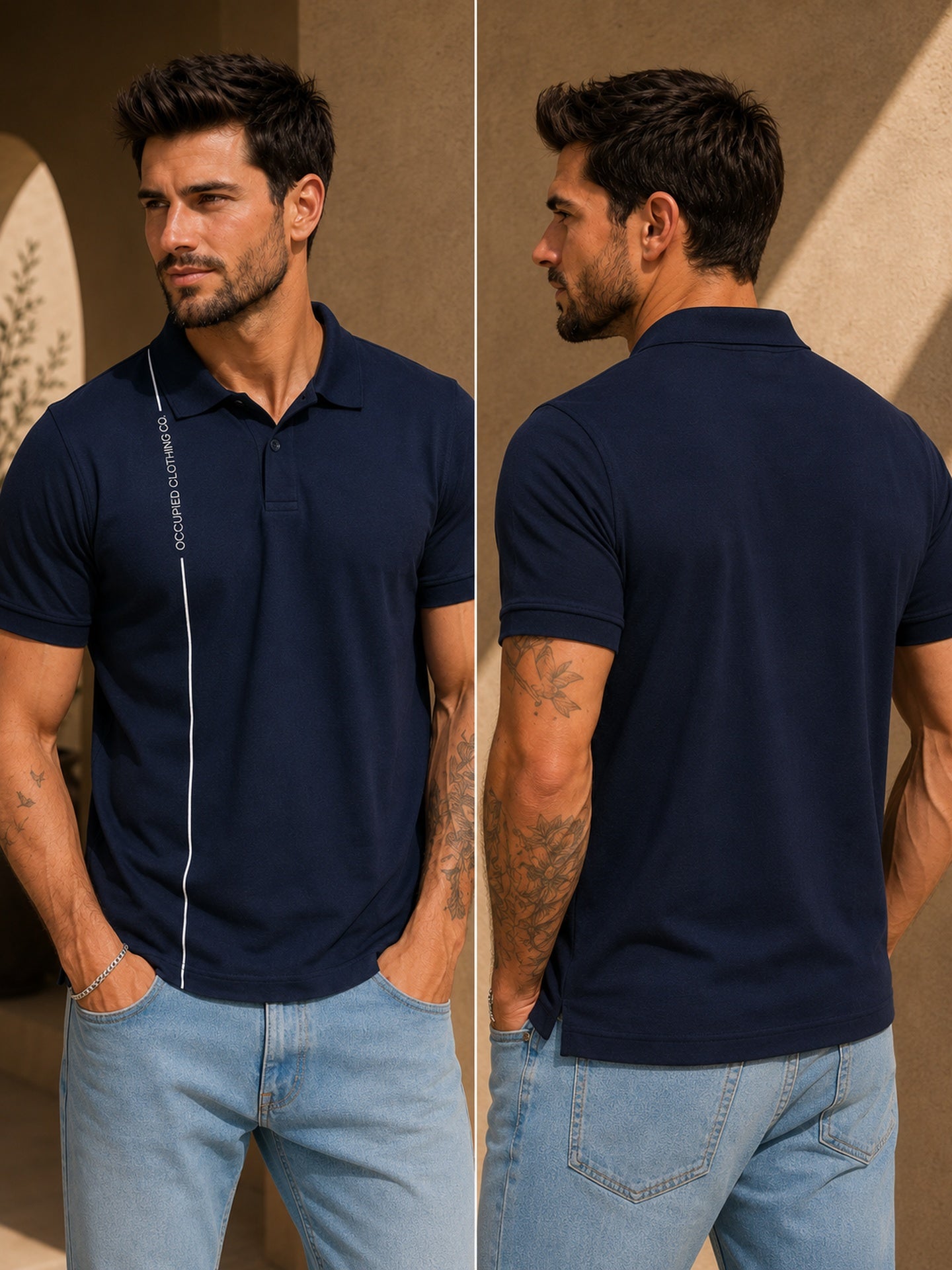 Mens Polo Neck Half Sleeve T-Shirt with Print Navy Blue