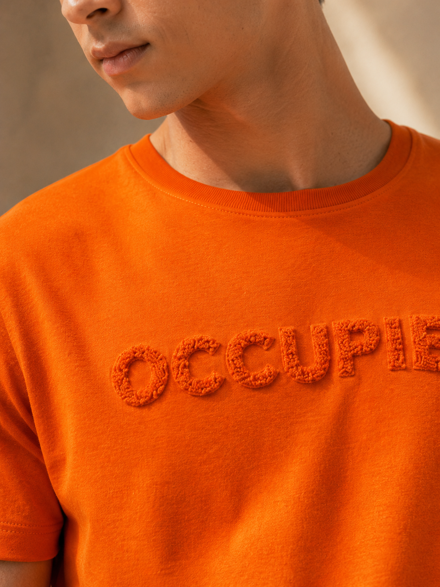 Mens Crew Neck Half Sleeve T-Shirt with Chenille Embroidery Orange