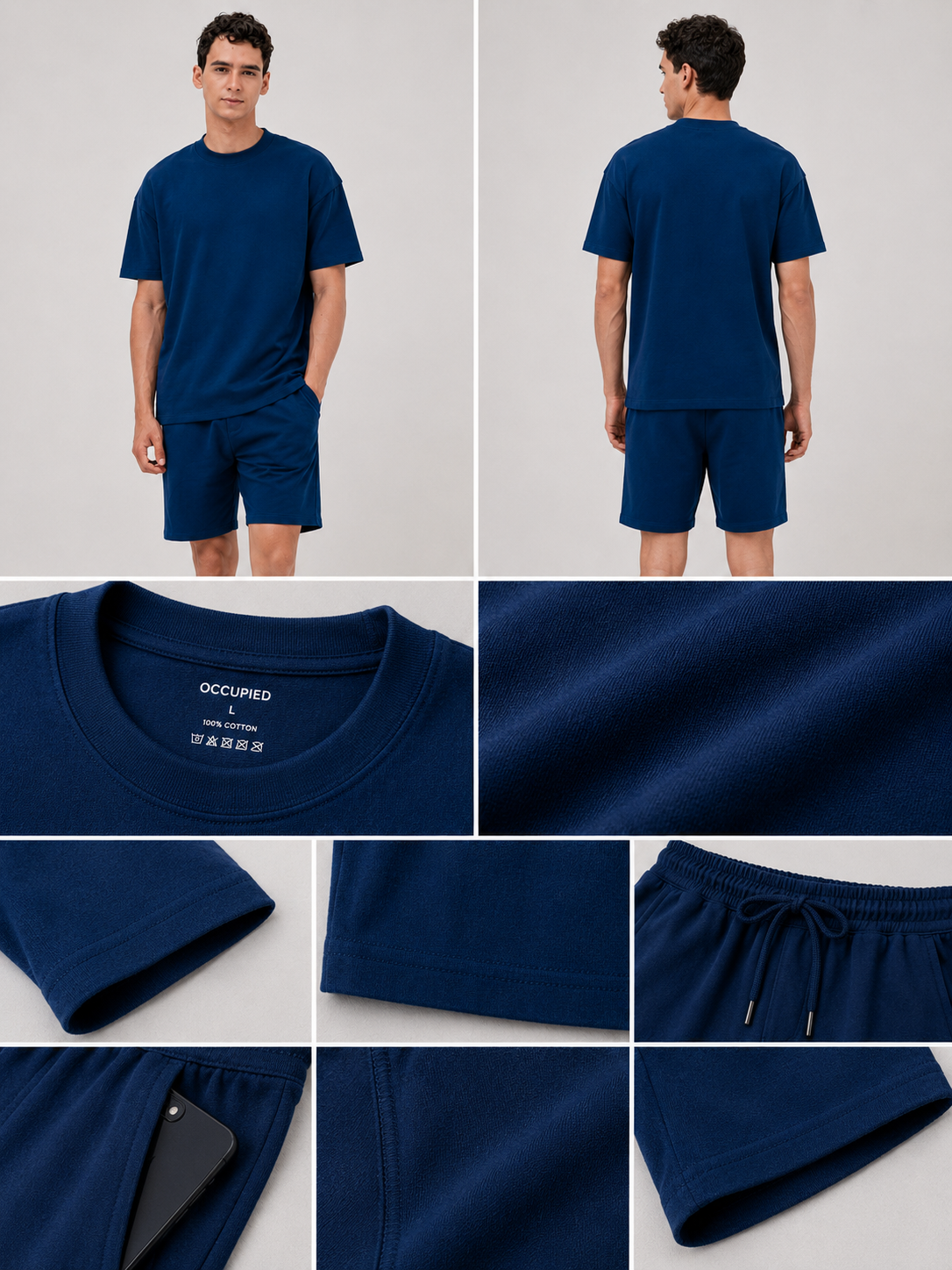 Mens Co-Ords Set with  Chest Print & Contrast Sleeve Navy