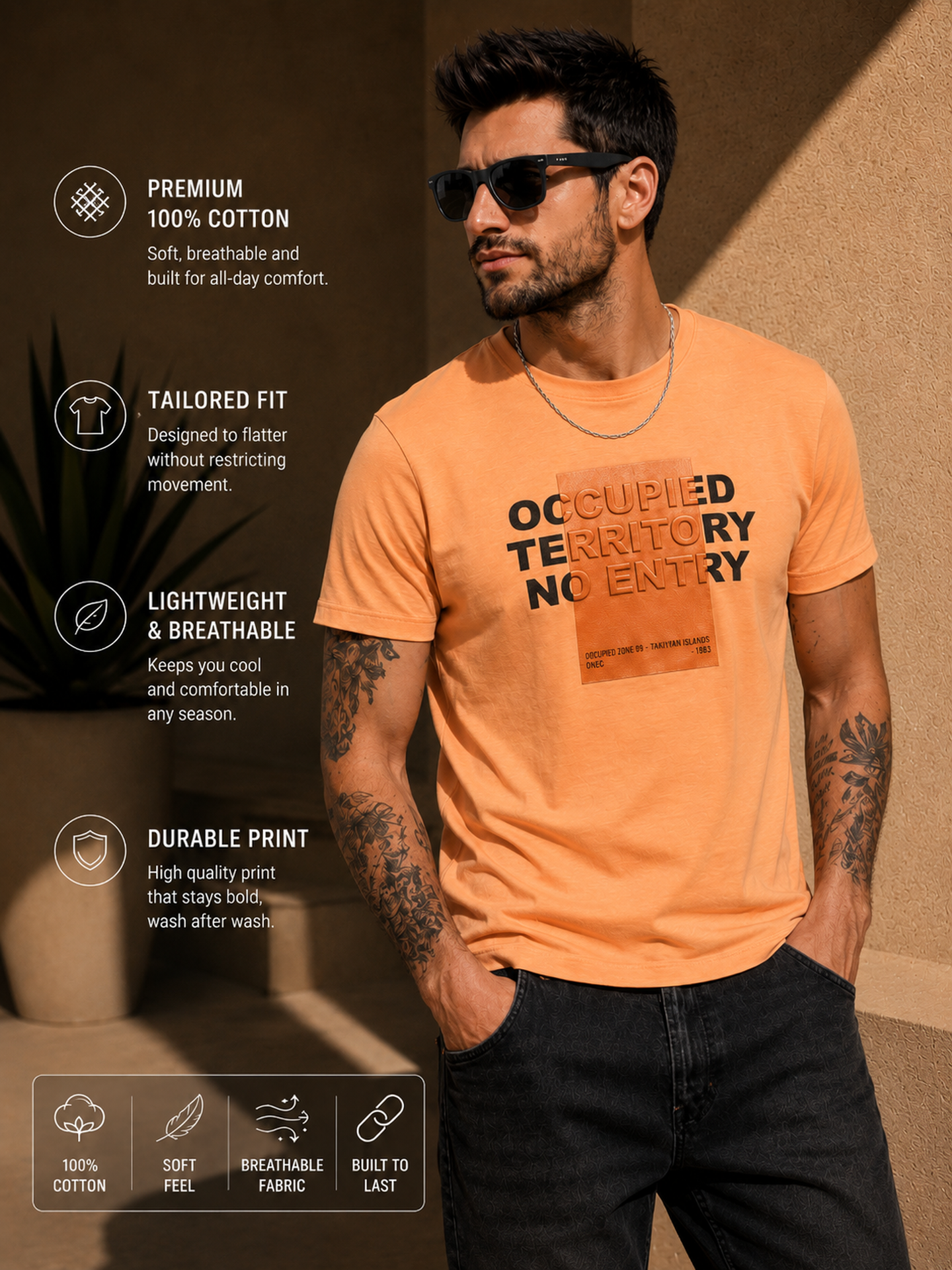 Mens Crew Neck Half Sleeve T-Shirt with Chest Print & Puff Effect Orange