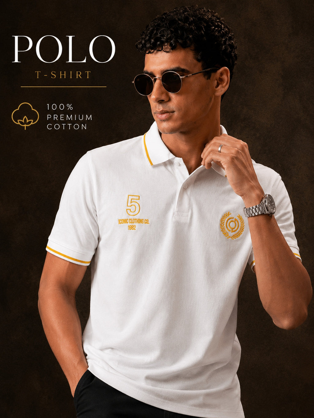 Mens Polo Neck Half Sleeve T-Shirt with Collar Tipping & Chest Embroidery White