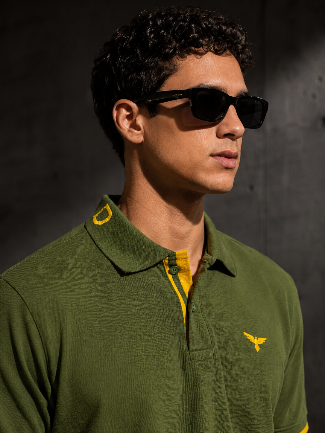 Mens Polo Neck Half Sleeve T-Shirt with  Chest Badge & Contrast Placket Olive
