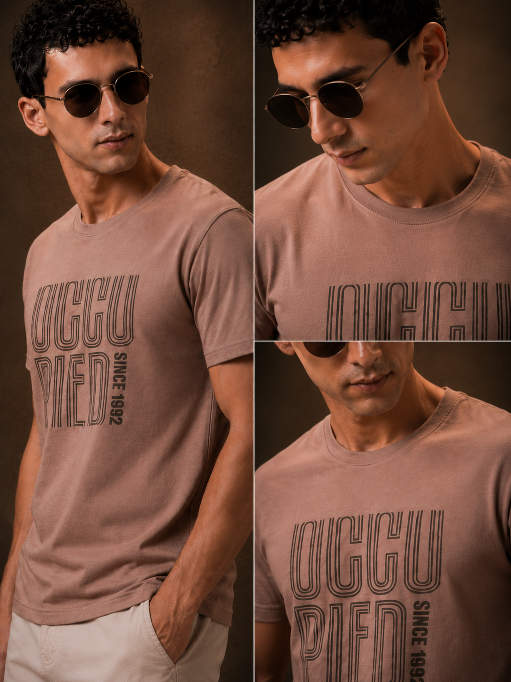 Mens Crew Neck Half Sleeve T-Shirt with Chest Print Brown