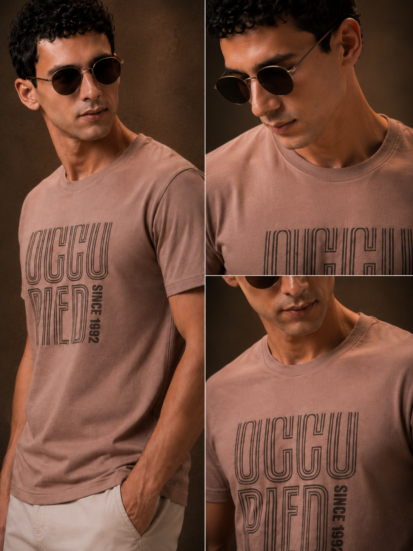 Mens Crew Neck Half Sleeve T-Shirt with Chest Print Brown