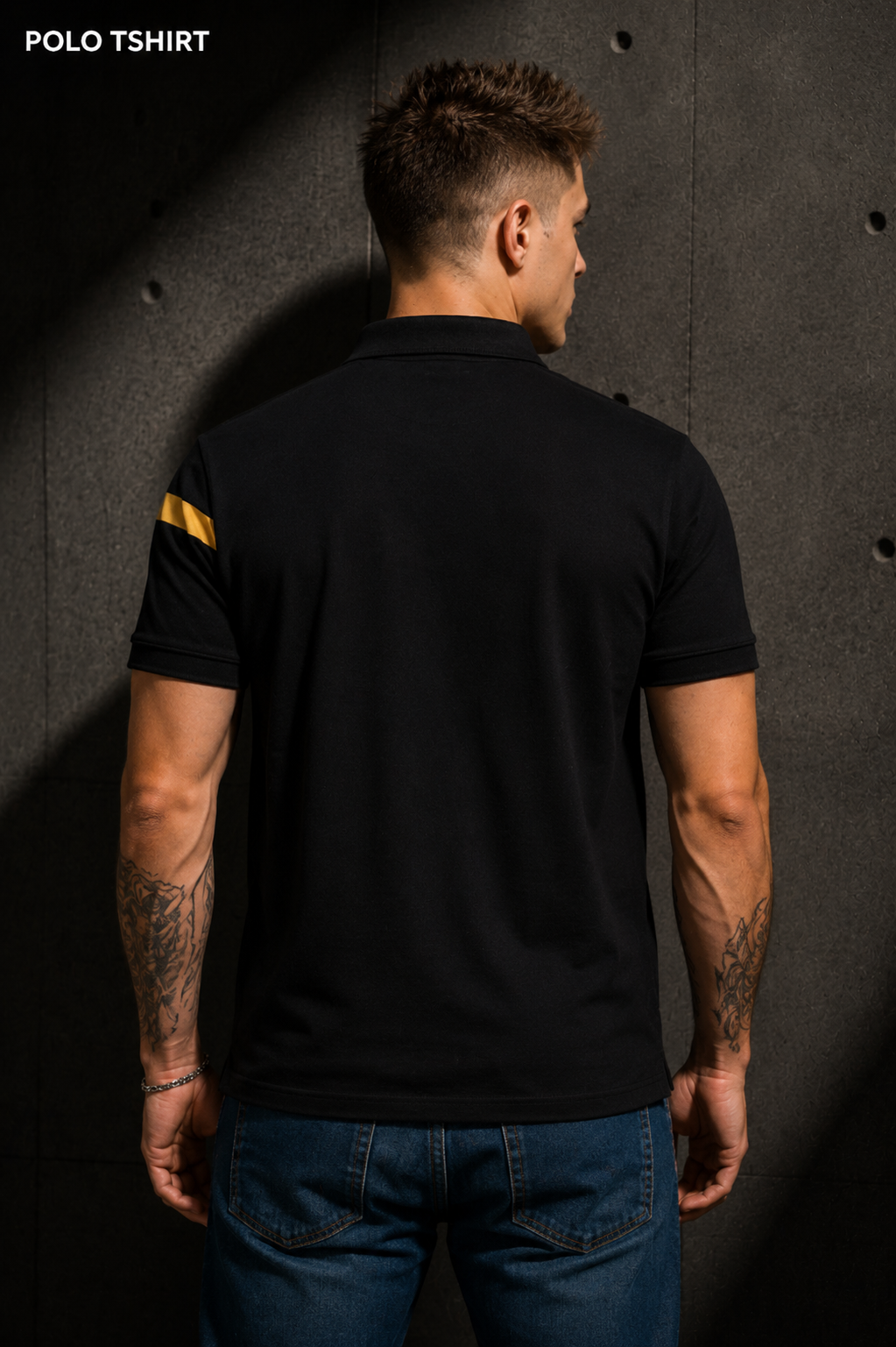 Mens Polo Neck Half Sleeve T-Shirt with Open Placket & HD Badge Black