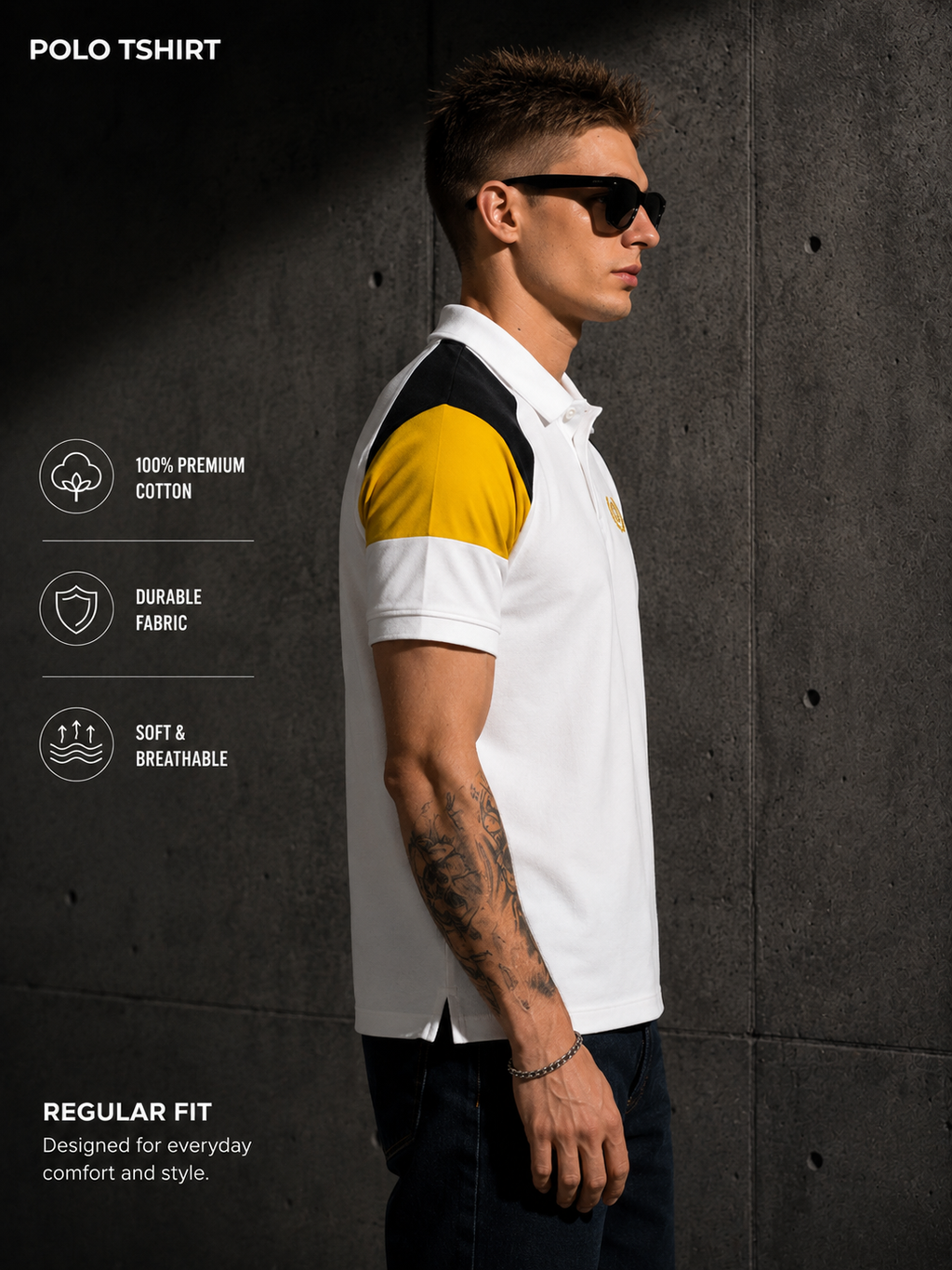 Mens Polo Neck Half Sleeve T-Shirt with  Chest Badge & Contrast Placket White