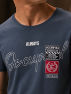 Mens Crew Neck Half Sleeve T-Shirt with Chest Print & Woven Badge Grey