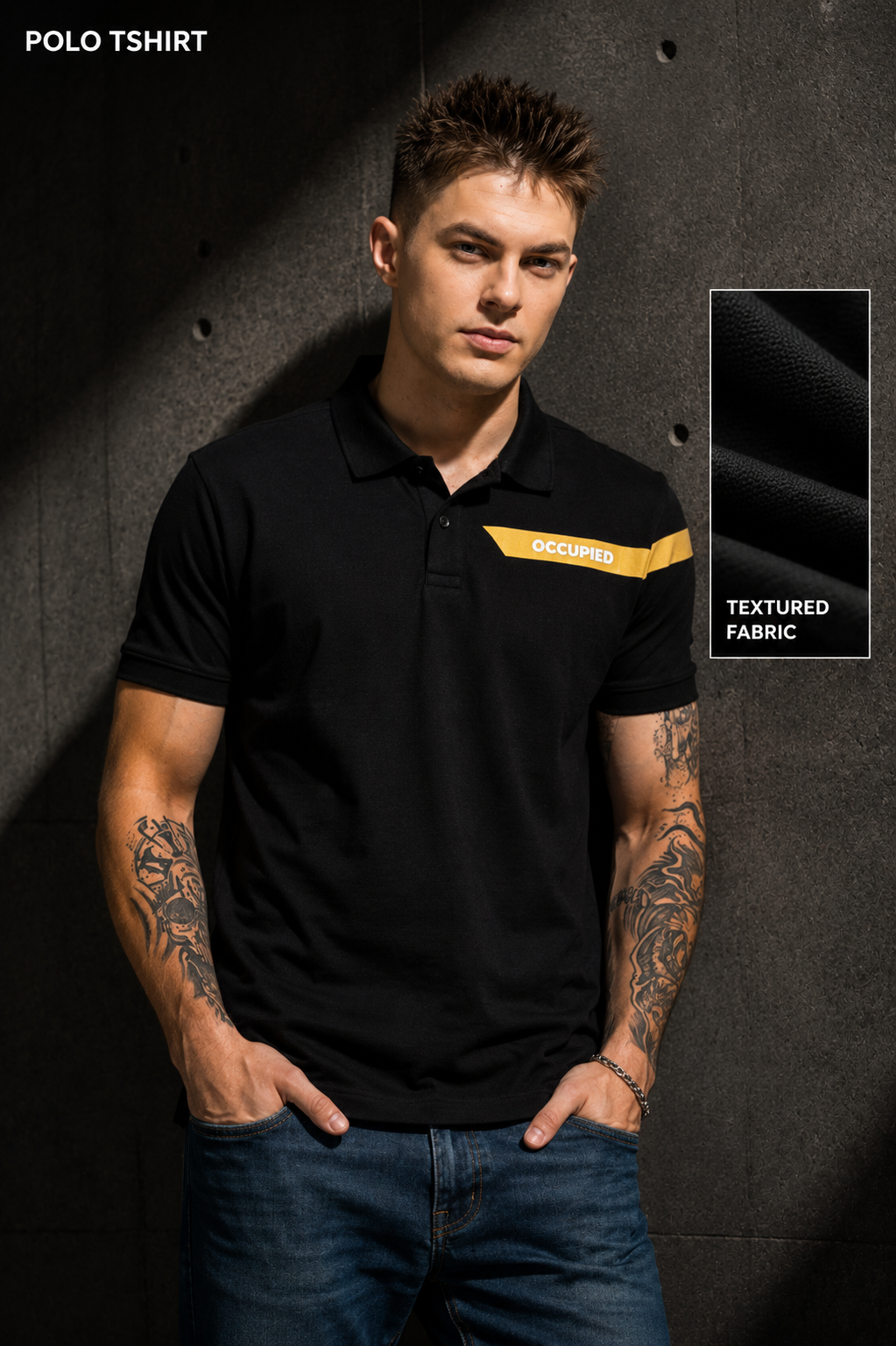 Mens Polo Neck Half Sleeve T-Shirt with Open Placket & HD Badge Black