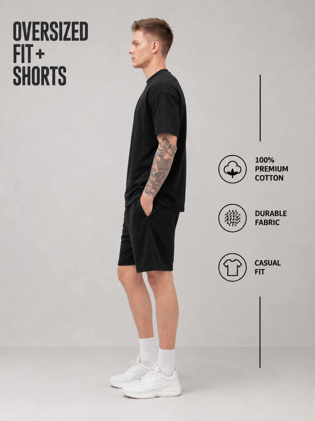 Mens Co-Ords Set with  Chest Print & Contrast Sleeve Black
