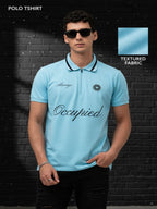 Mens Polo Neck Half Sleeve T-Shirt with Chest Embroidery & Badge Stone Blue
