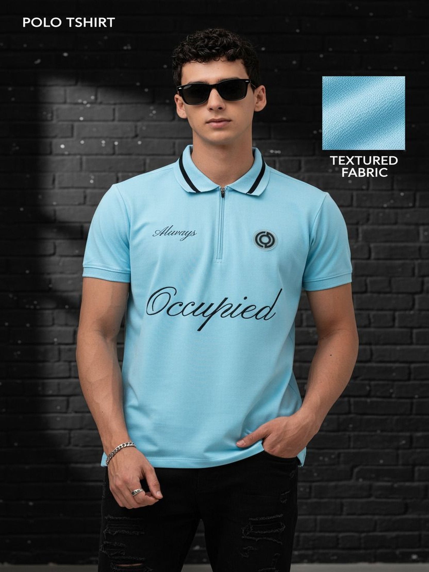 Mens Polo Neck Half Sleeve T-Shirt with Chest Embroidery & Badge Stone Blue