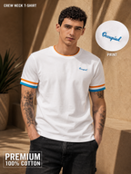 Mens Crew Neck Half Sleeve T-Shirt with Chest Print, Cuff, and Rib Detailing White