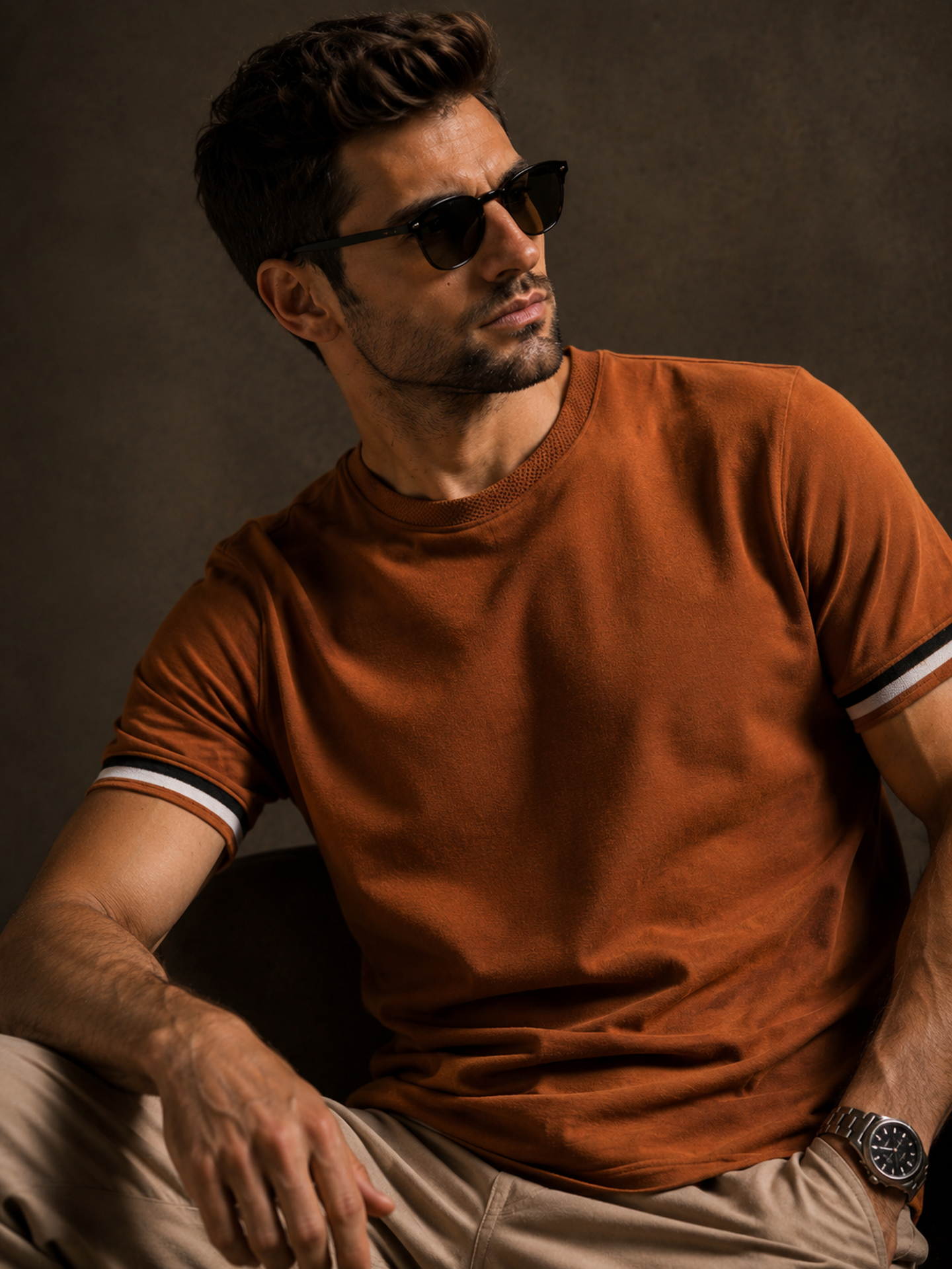 Mens Crew Neck Half Sleeve Solid T-Shirt with Contrast Cuff & Rib Brown
