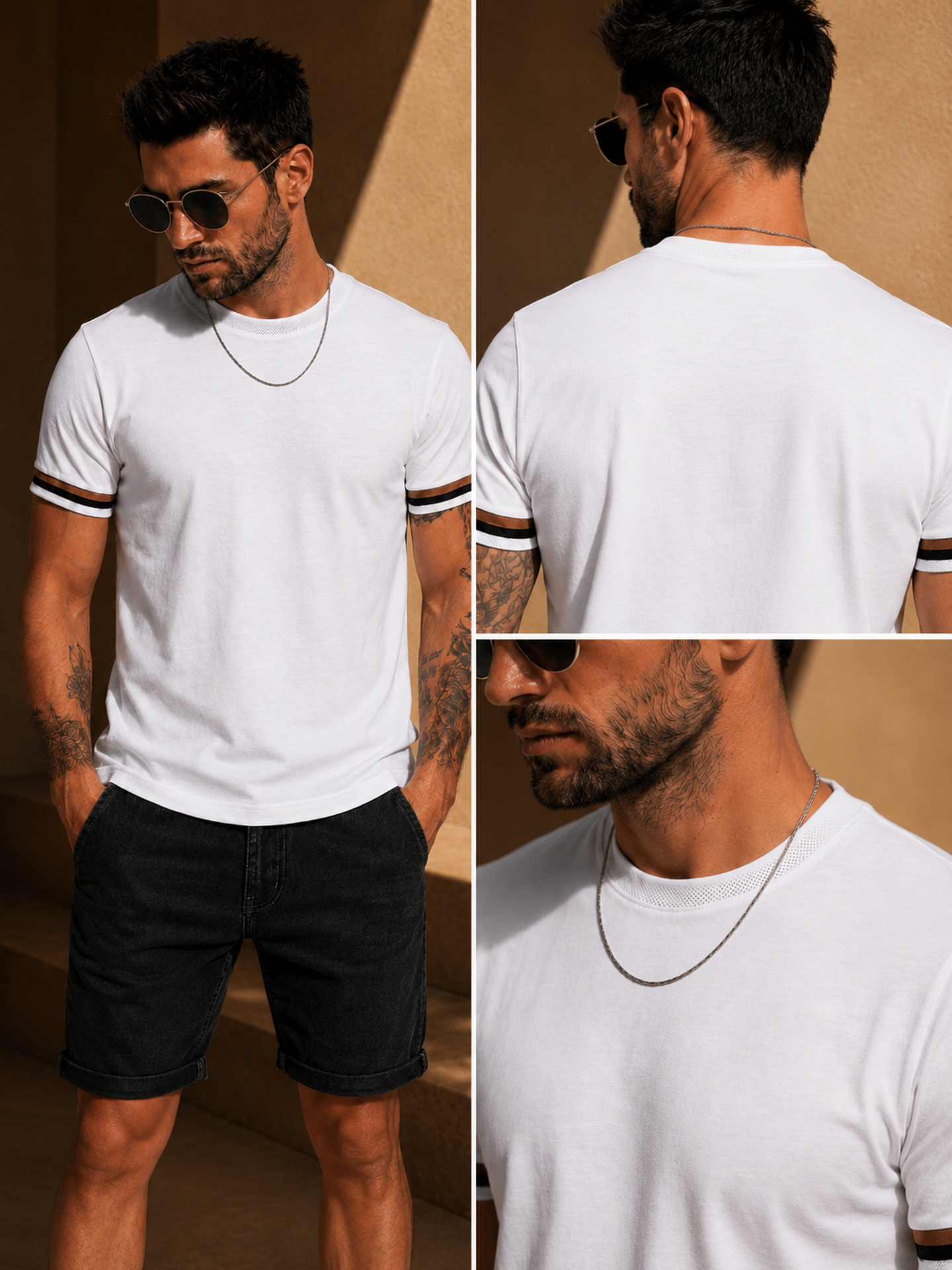 Mens Crew Neck Half Sleeve Solid T-Shirt with Contrast Cuff & Rib White