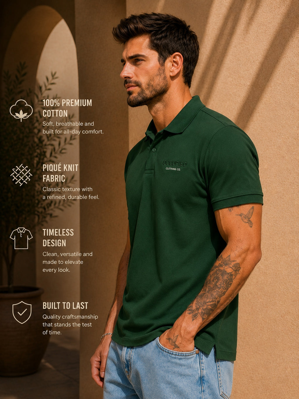 Mens Polo Neck Half Sleeve T-Shirt with Chest PrintGreen